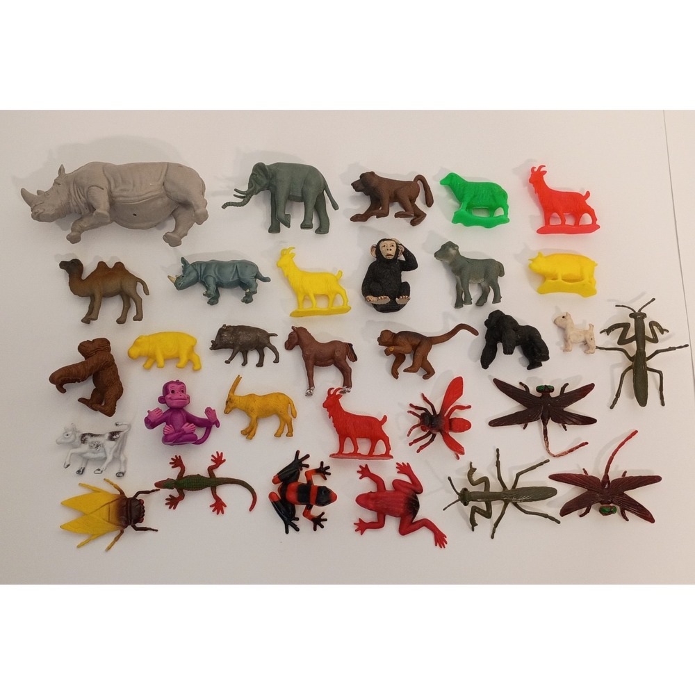 Lot of 30 Miniature Toy Plastic Animal Figures Insects, Farm, Safari Animals